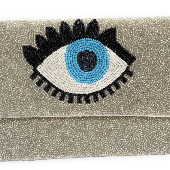 Silver Glass Beaded Evil Eye Symbol Crossbody Chain Clutch Handbag Bag NEW - Picture 2 of 7